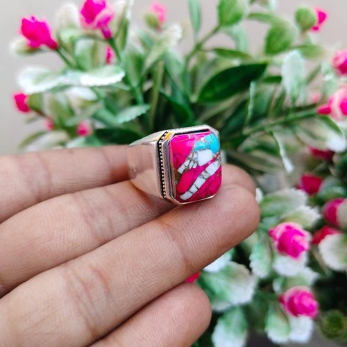 Pink Cotton Candy Turquoise Men’s Signet Ring 925 Sterling Silver Handmade Bold