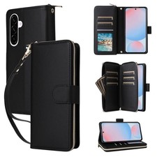 Black Leather Zipper Case with 9 Card Slots for Samsung Galaxy A57 5G