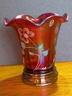 Fenton 100th Anniversary Ruby Red Glass  Vase Hand Painted w Base & Box Signed