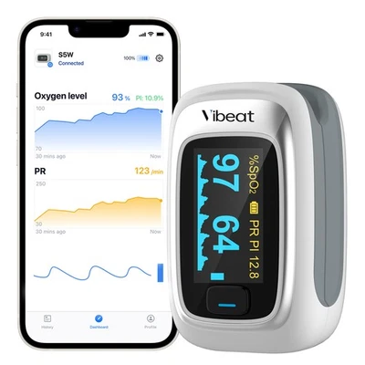 VIBEAT Bluetooth Finger Pulse Oximeter Blood Oxygen Saturation SpO2 Heart Rate Monitor