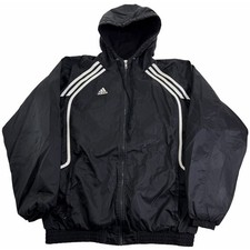Vintage Adidas Puffer Full Zip Jacket Black Hooded Insulated 3 Stripe Men's Sz M