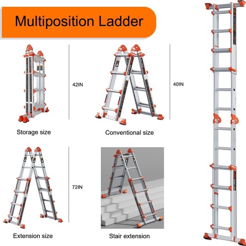 Scala, Prolunga Scala A Telaio 4 Gradini, 14 FT Antiscivolo Multi Posizione e - Foto 5 di 8