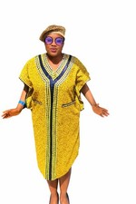 Women's Yellow African Kaftan Dress Traditional Dashiki Ethnic Pattern