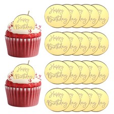 20Pcs Acrylic Mirror Happy Birthday Cupcake Toppers Round Shapes, 002-Gold
