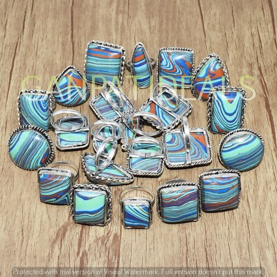Rainbow Calsilica Gemstone Ring Wholesale Lot - 925 Silver Plated, Mix Sizes, Handmade, Lab-Created Stones