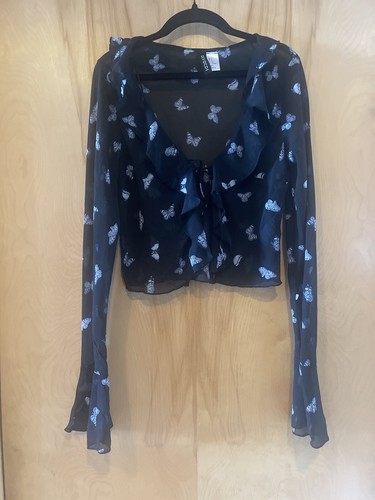 Y2K Style Butterfly Crop Top Ruffle Blouse with Tie Front Sheer Barbie Size S - Picture 2 of 5