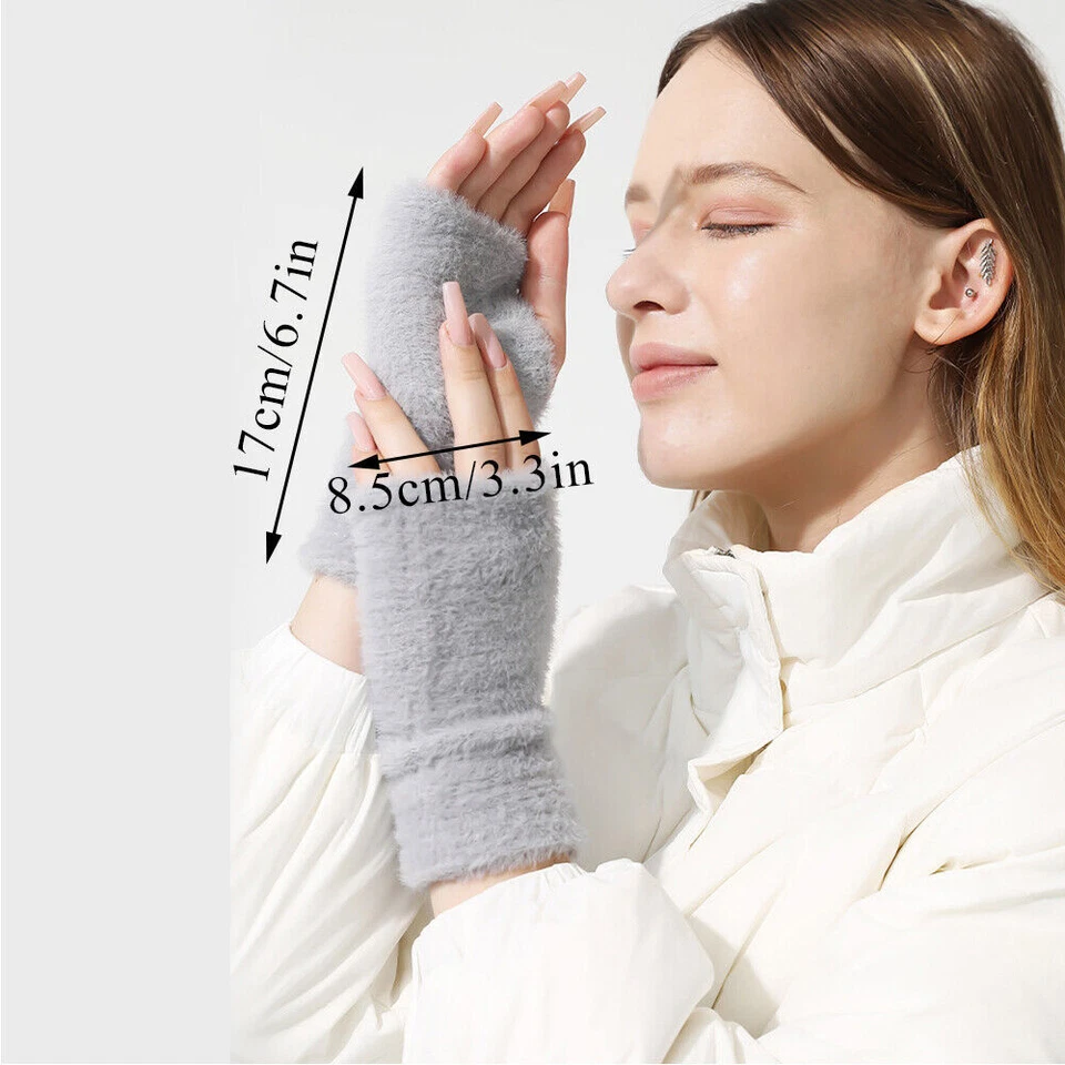 Искусственный кролик бархата перчатки без пальцев зимние теплые половина пальца перчатки эластичные. - Изображение 2 из 4