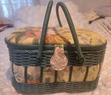 Vtg Sewing Basket Woven Rattan &Floral Fabric Rattan Handle St Jane Collection