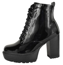 Top Moda High Heel Combat Boots Zipper Lug Platform Booties KENNEDY Black Patent