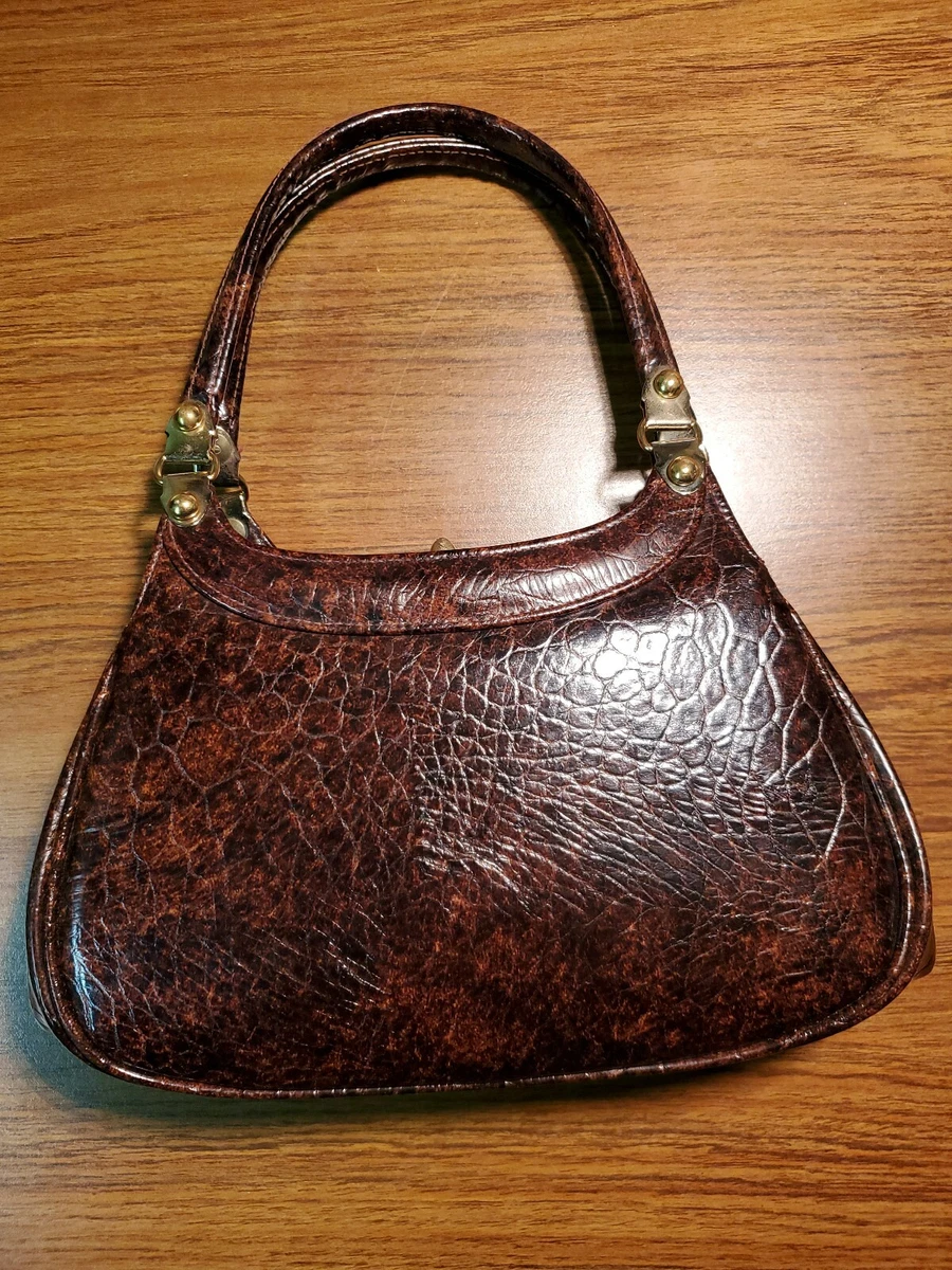 MID CENTURY MEYERS USA BRN LEATHER REPTILE EMBOSSED CLASSIC HANDBAG PURSE