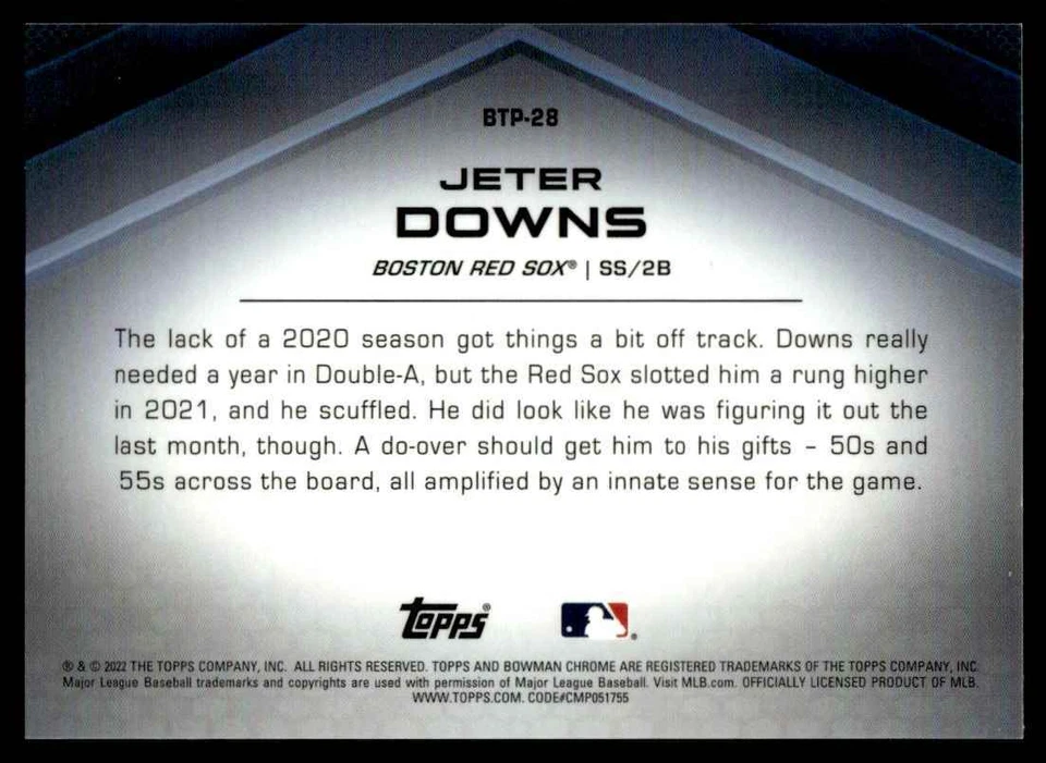2022 Bowman Scouts' Top 100 Atomic Refractor Jeter Downs 049/150 Boston Red Sox - Image 2 of 2