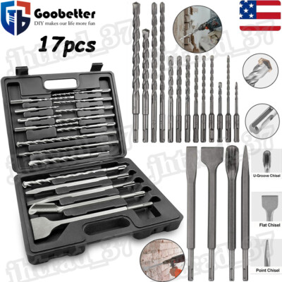 17pcs SDS Plus Rotary Hammer Bits Drill Bits & Chisel Groove Concrete With Case