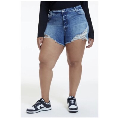 Good American Jean Shorts Distressed Bombshell Button Fly Cut Off Size 20 New