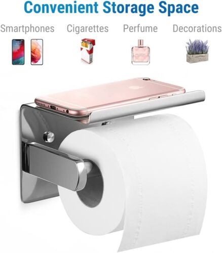 Toilet Paper Roll Holder with Phone Shelf Stainless Steel Tissue Rack Wall Mount - Picture 3 of 8