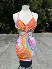 Shein Dress Women's Large Rainbow Tie Dye Out Tie  Halter Bodycon Backless