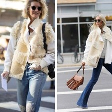 Tibi Akiak Patchwork Faux Fur Sherpa Bomber Wool Jacket Ivory Women's Medium