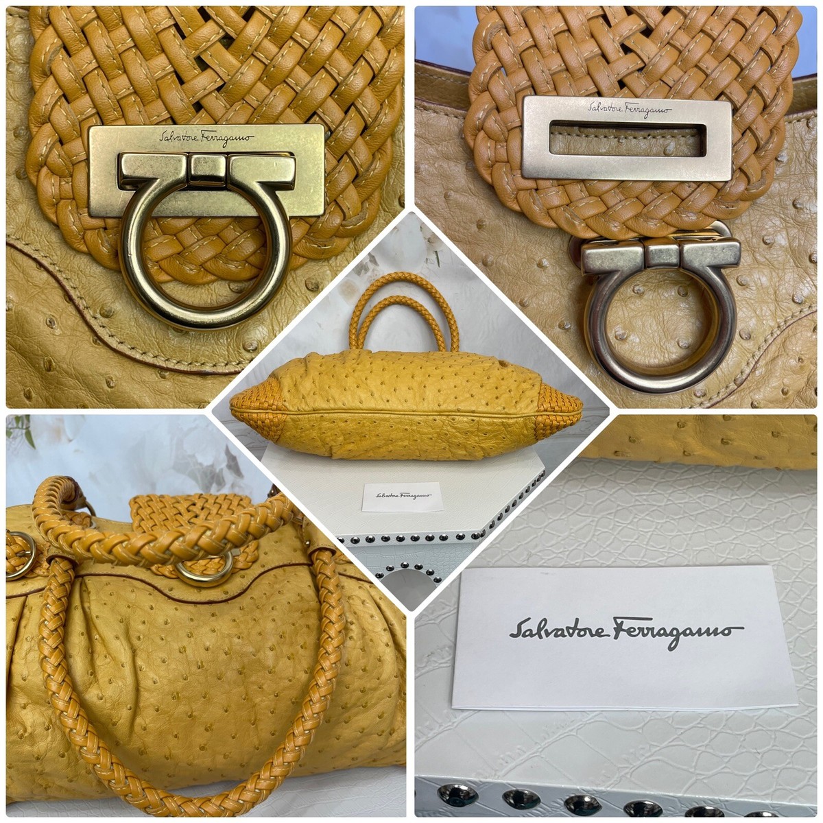 SALVATORE FERRAGAMO GENUINE OSTRICH Marisa bag Yellow BRAND