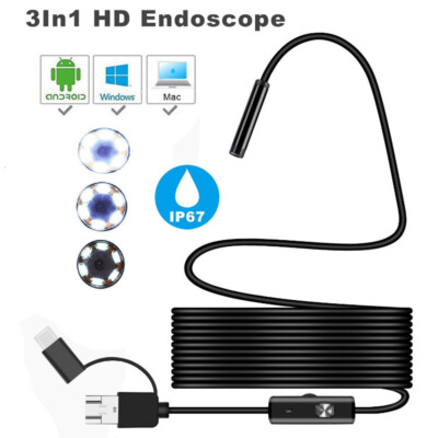 3-in-1 Waterproof Endoscope USB/Micro/Type-C Borescope 7mm LED Snake Camera IP67