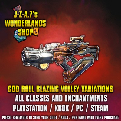 PS/XBOX/PC Tiny Tina's Wonderlands BLAZING VOLLEY SMG ASCENDED GEAR CUSTOM GOD