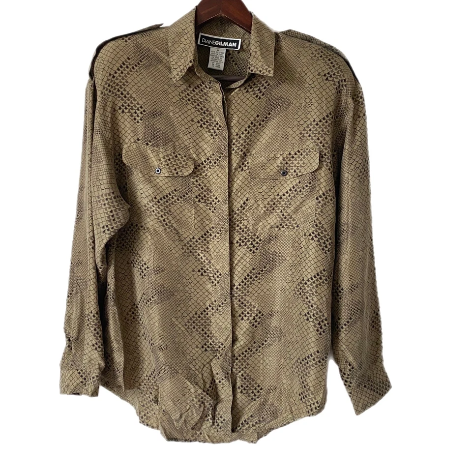 Blusa Vintage 100% Seda Años 80 Dinastía Power Hombro Piel de Serpiente Estampado Bolsillos Talla M Foto 2 de 4