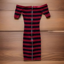 GUESS Women's Sz XS Red Black Striped Bodycon Boat Neck Front Zip Knit Dress