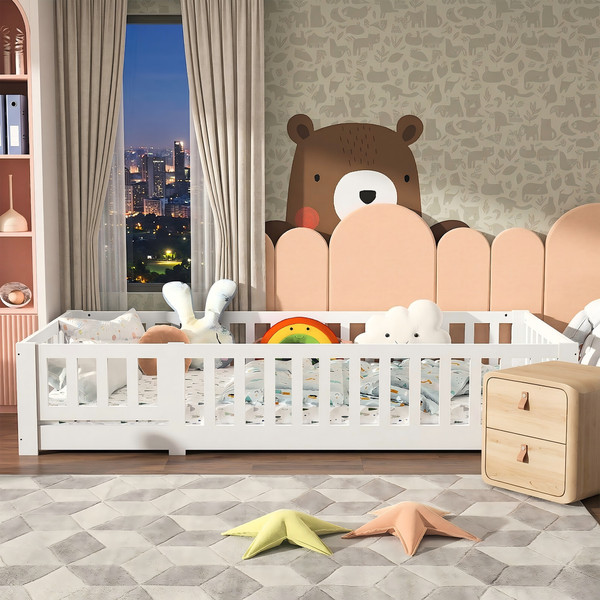 Kinderbett Bodenbett Mit Rausfallschutz Montessori Bett Kiefer Holz 90X200 Cm-image