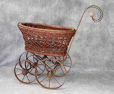 Rare Antique c1940s French Iron Metal & Wicker Garden Planter Cart Wagon Vintage