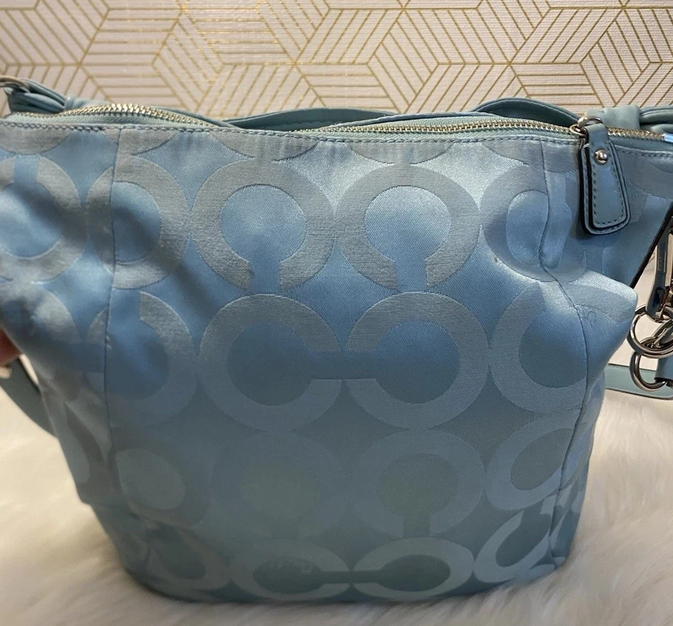 Coach Purse Turquoise Blue Sateen & Leather Large Hobo Crossbody Bag # 14753   - Image 4 of 4