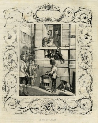 Antiker Druck - Ein Orgelschleifer und ein Affe sammelt die Spitzen - Bouchot - ca. 1840