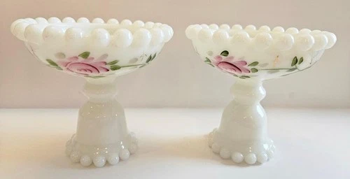 Hand painted milk glass candle holders by Consolidated Glass Co.