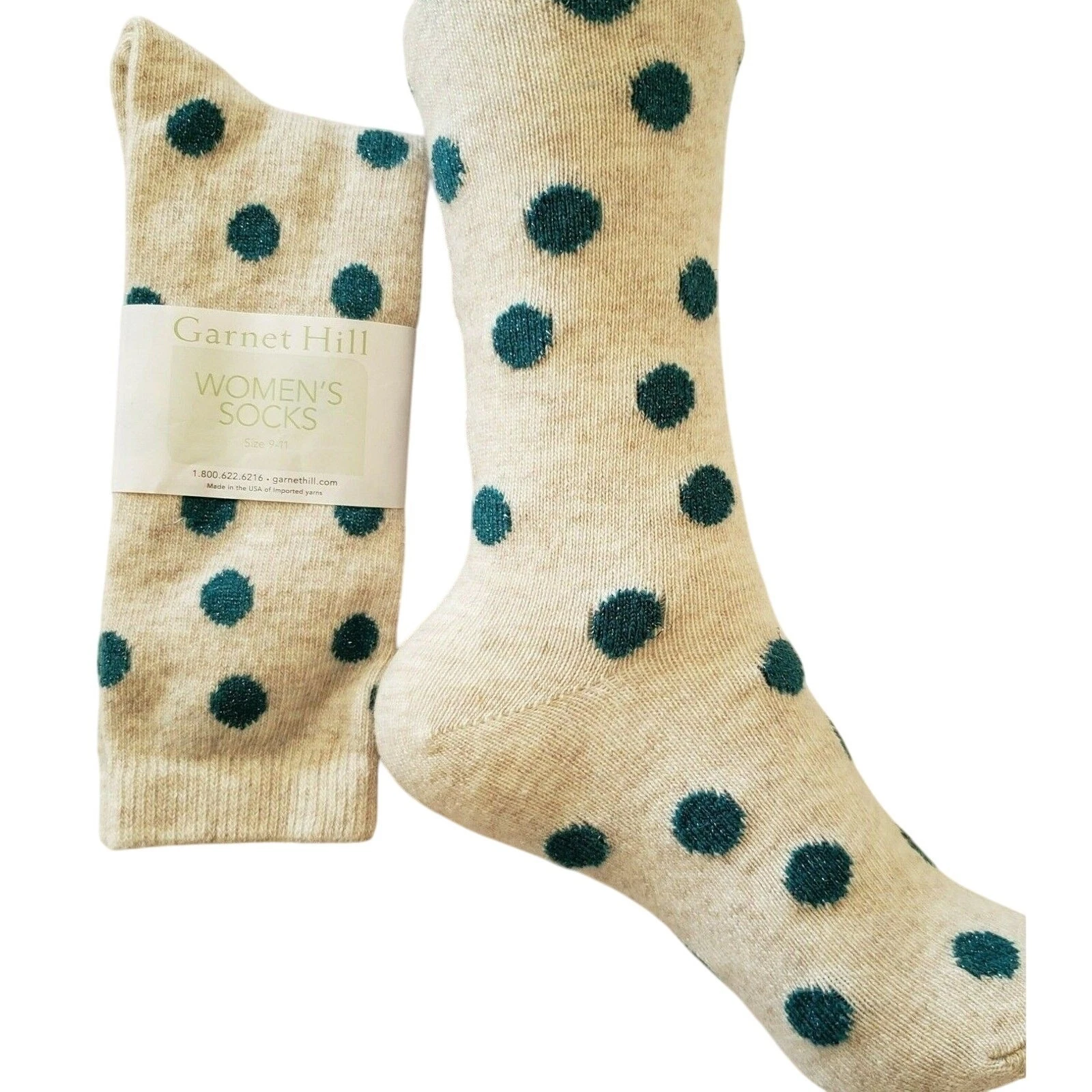 Cream Teal Dot Crew Socks Ladies Medium Garnet Hill Cashmere Wool Blend Warm NEW
