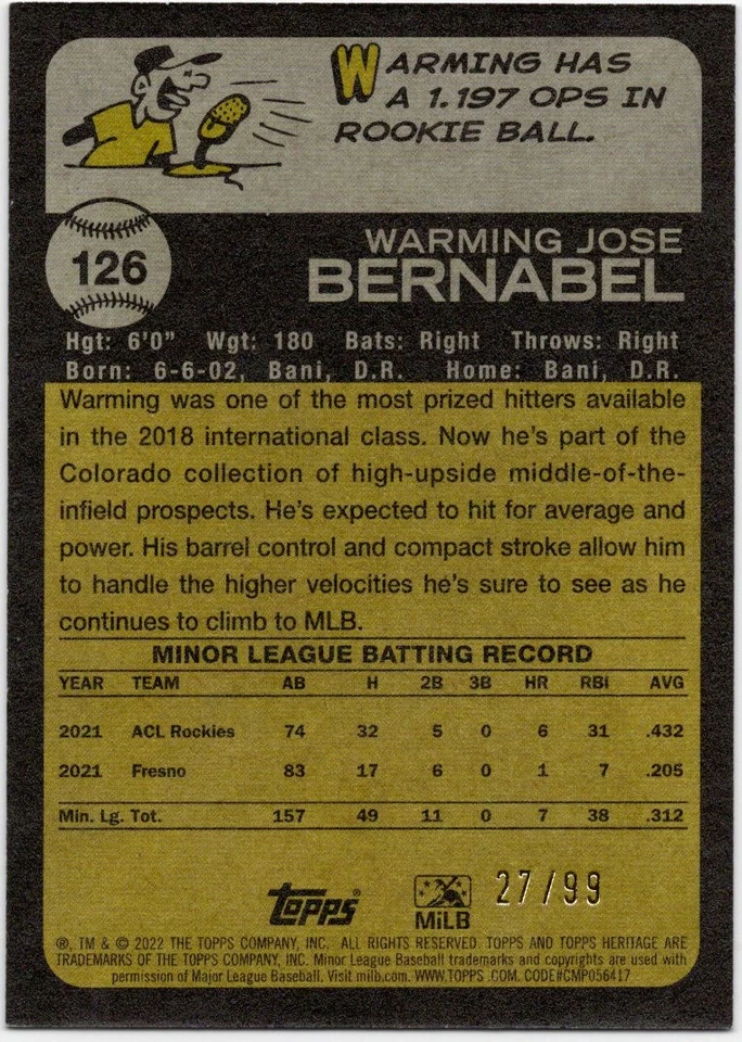 2022 Topps Heritage Minor League Edition Blue Border /99 Warming Bernabel #126 - Image 2 of 2