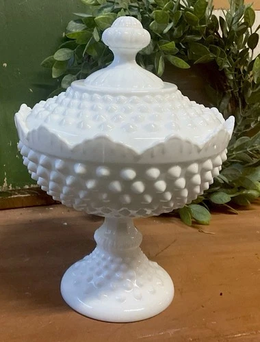 Vintage Fenton Hobnail Milk Glass Lidded Candy Dish with Pedestal 8.5”
