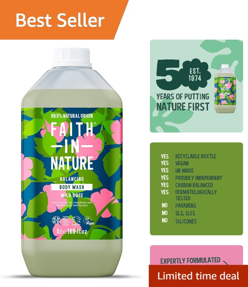 Faith In Nature Natural Wild Rose Body Wash, Balacing Shower Gel, Vegan & Cruelty Free, No SLS or Parabens, 5L Refill Pack - Image 3
