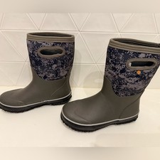 Bogs Kids Grasp Mid Camo Waterproof Rain Boots Youth 4 Gray EUC