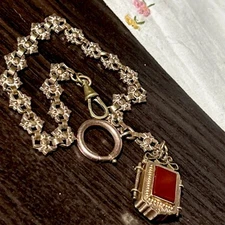 Antique 14K GF Carnelian Tiger Eye Locket Fob French Ornate Rose Gold Fill Chain
