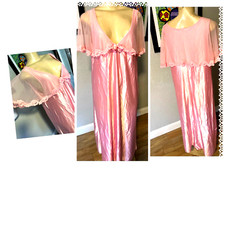 FRILLY VINTAGE PINK W/LACE SILKY FEEL TIE FRONT W/ATTACHED CAPE NIGHTGOWN L y2