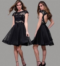 Jovani black mesh lace cap sleeve fit & flare open back dress size 2