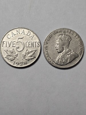 ONE (1) X 1928 CANADA 5 CENTS NICKEL KING GEORGE V F 5 Cents
