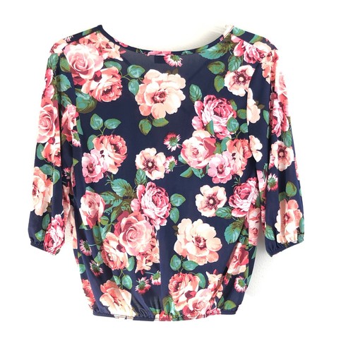 Blusa para mujer Gemstone L grande floral manga 3/4 franja cruzada frontal azul marino rosa - Imagen 11 de 11