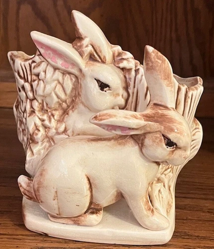 HTF McCoy Two Rabbits at Stump Nursery Planter, Vintage 1951, Excellent!