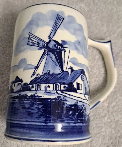 Vintage Hand Painted Blue Delft Holland Dutch Windmill Beer Stein Mug