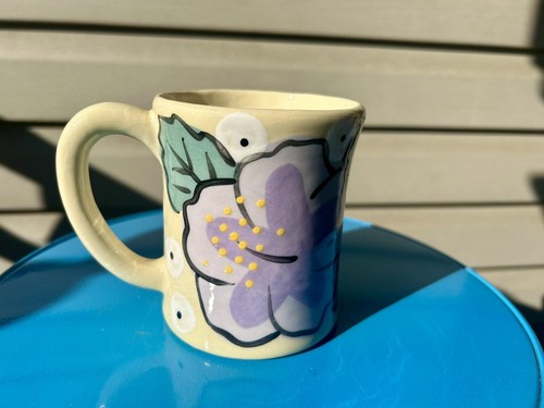 Dinosaur Peekaboo Surprise Flowers Yellow Handmade Art Pottery Mug 14oz Signed