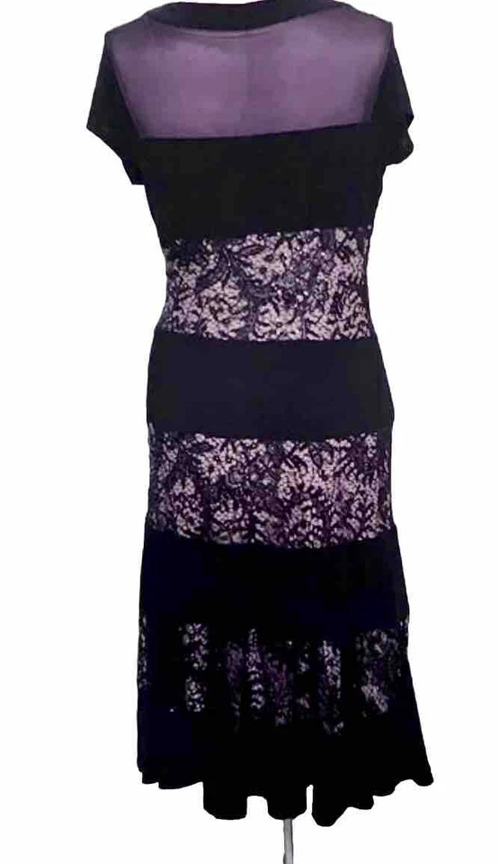 "Vestido de malla azul R&M Richards encaje en capas, lentejuelas forrado a rayas talla 14 busto 42""" Foto 3 de 4