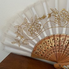 Vintage Ivory Lace Gold Embroidered Fabric Folding 15" Fan Beige  Wood READ
