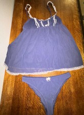 VICTORIA'S SECRET Babydoll Chiffon Slip and Panty Set Size L Blue Y2K