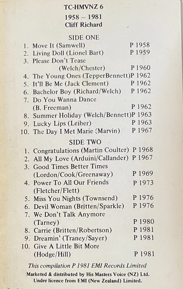 Cliff Richard 1958 - 1981 Twenty Original Hit Recordings New Zealand Cassette - Image 2 of 4