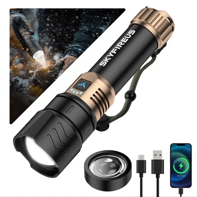SKYFIRE 2000lm Rechargeable LED Flashlight Waterproof Zoomable 4 Modes for Camping