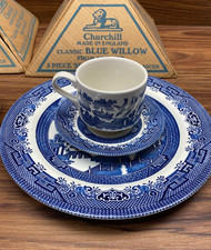 Churchill Blue Willow 3-Piece Set Dinner Plate Cup Saucer With Original Box