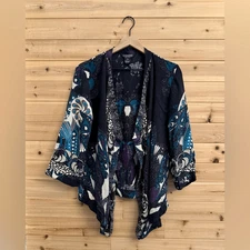 Citron Santa Monica Size Small Silk Dark Floral Bird Open Waterfall Cardigan
